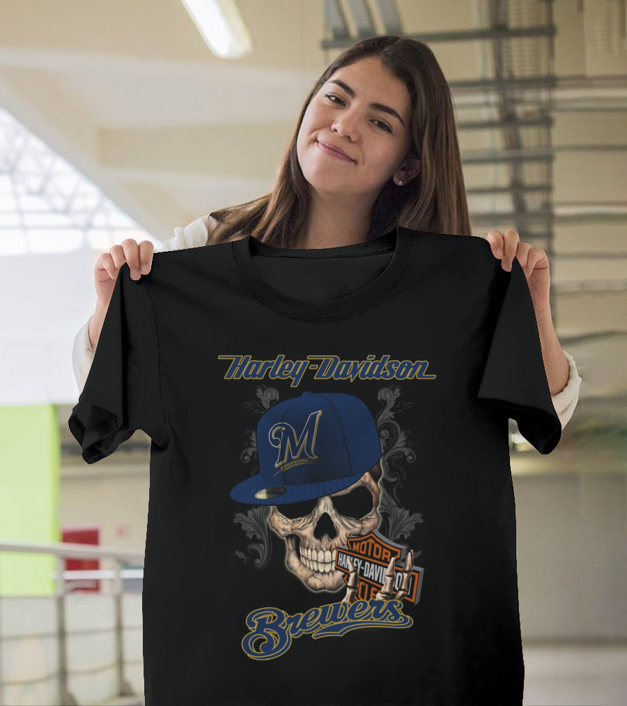Harley Davidson Milwaukee Brewers Skull With Hat T-Shirt