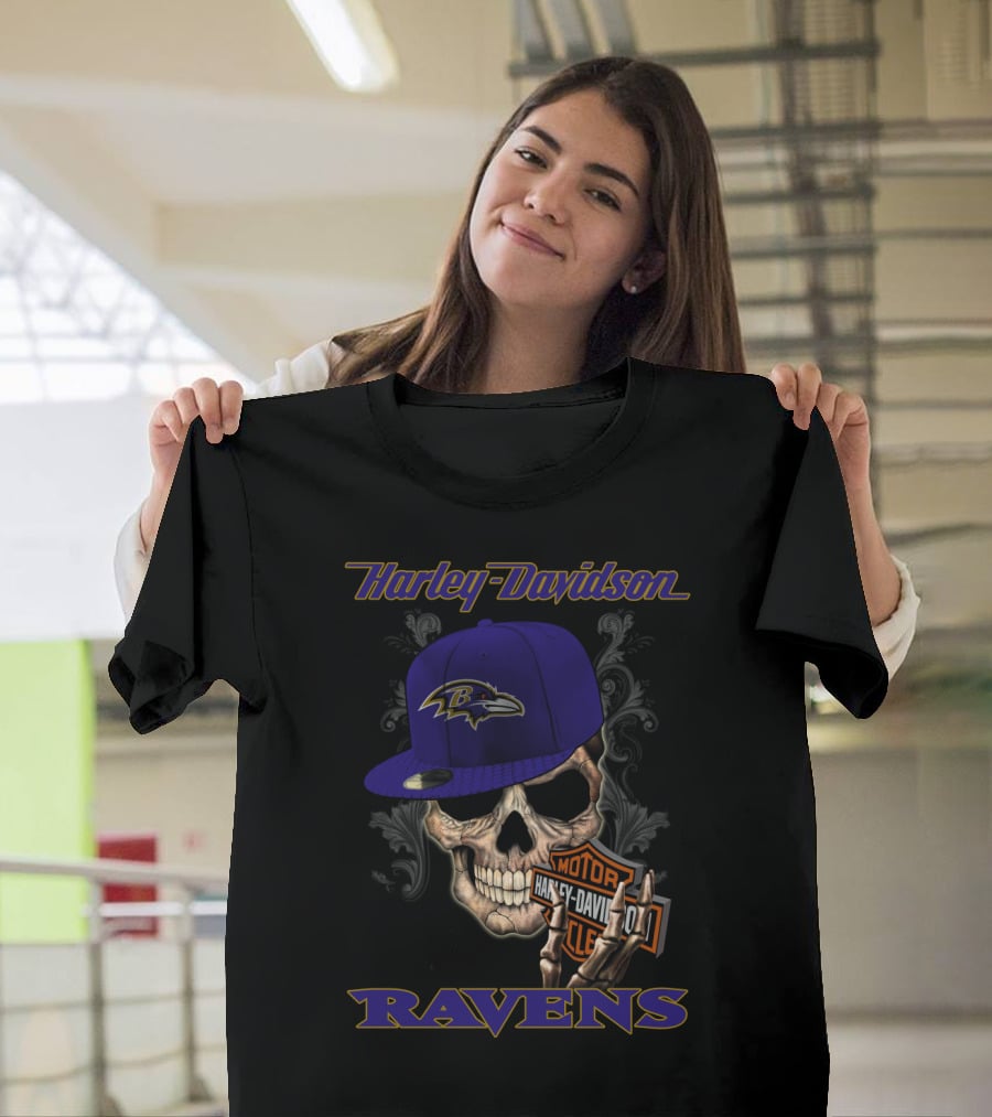 Harley Davidson Motor Skull Baltimore Ravens Hat T-Shirt