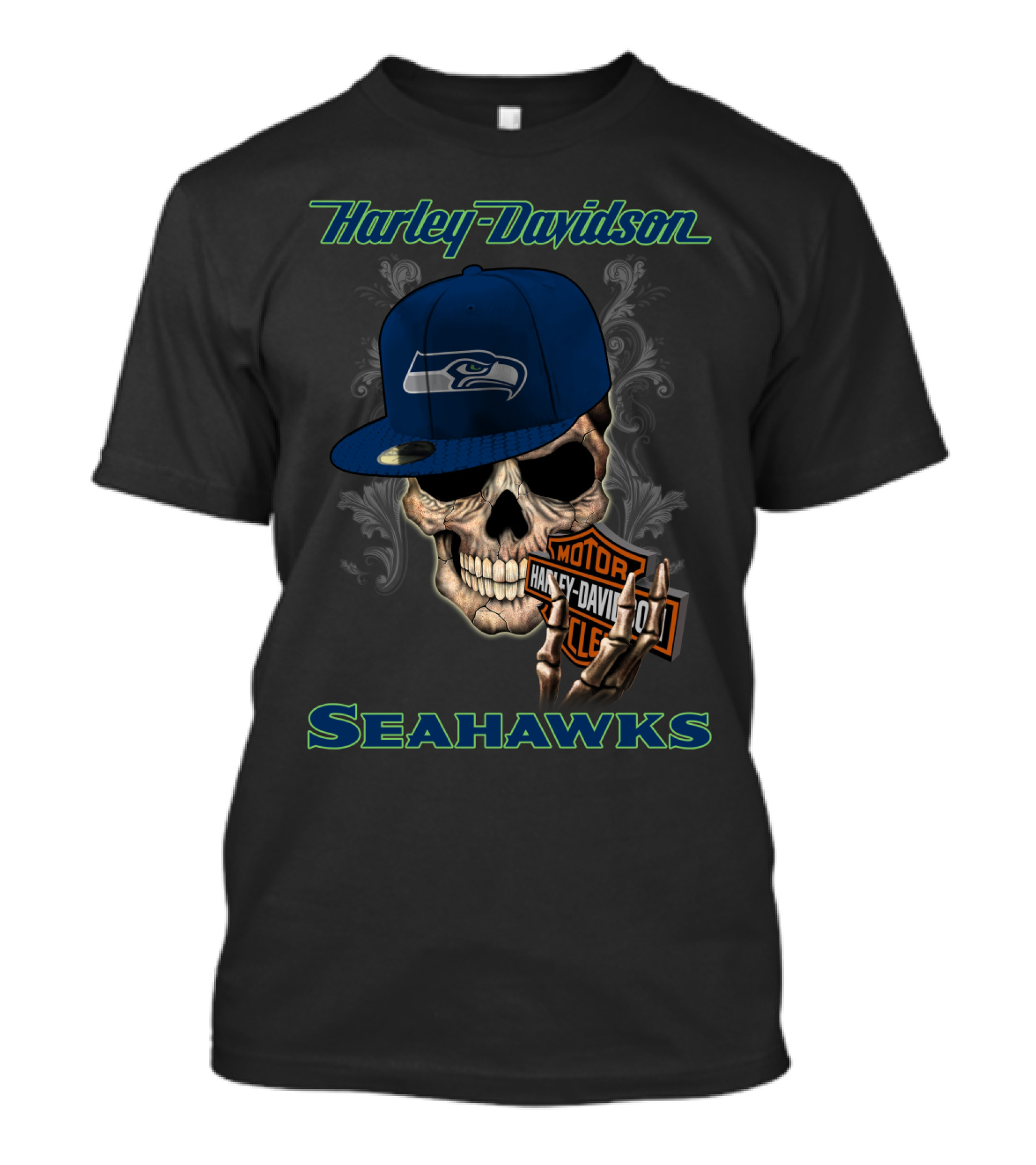 Harley Davidson Seattle Seahawks Skull With Seahawks Cap T-Shirt