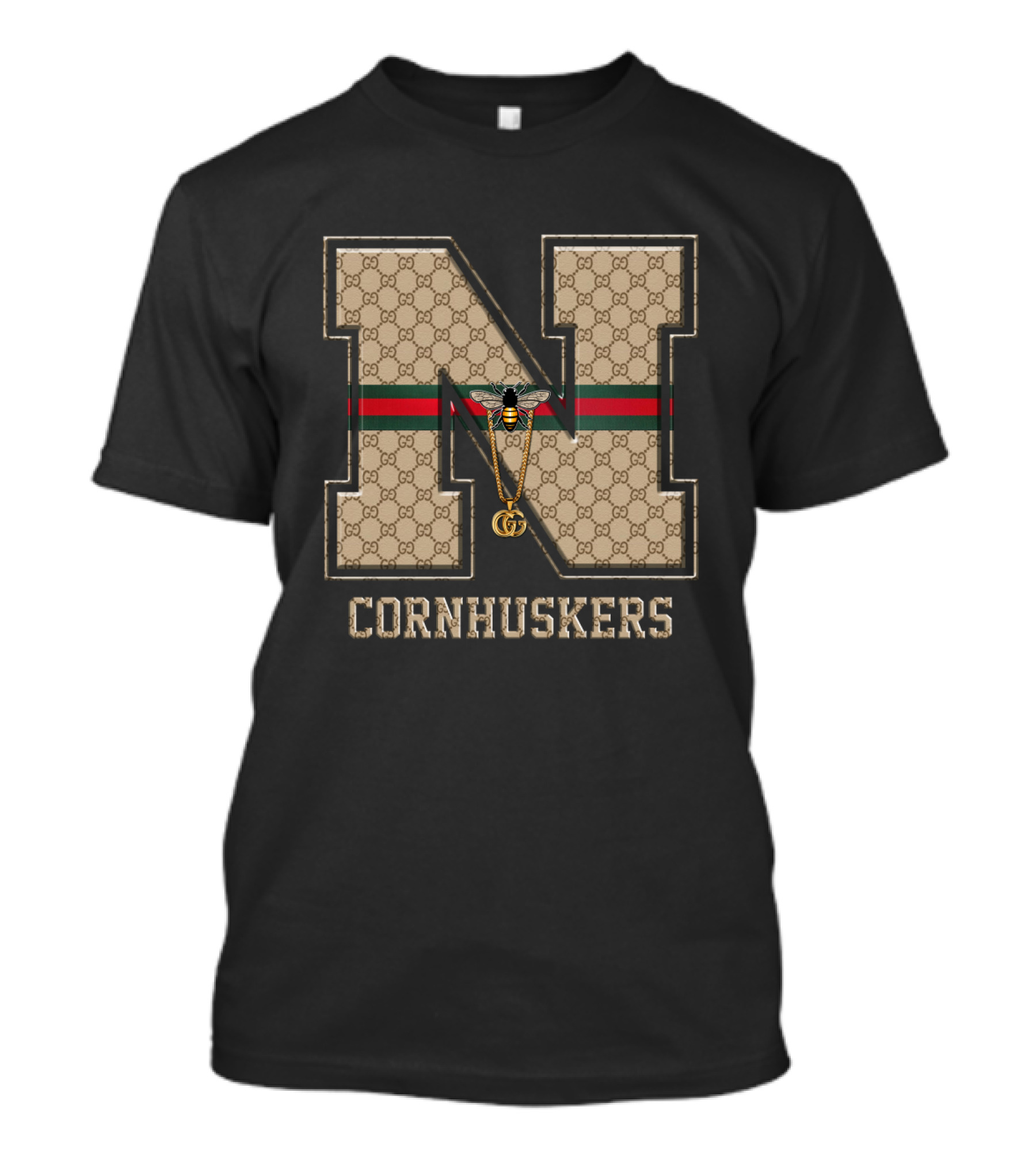 Guci Nebraska Cornhuskers NCAA N Logo With Bee And Necklace T-Shirt