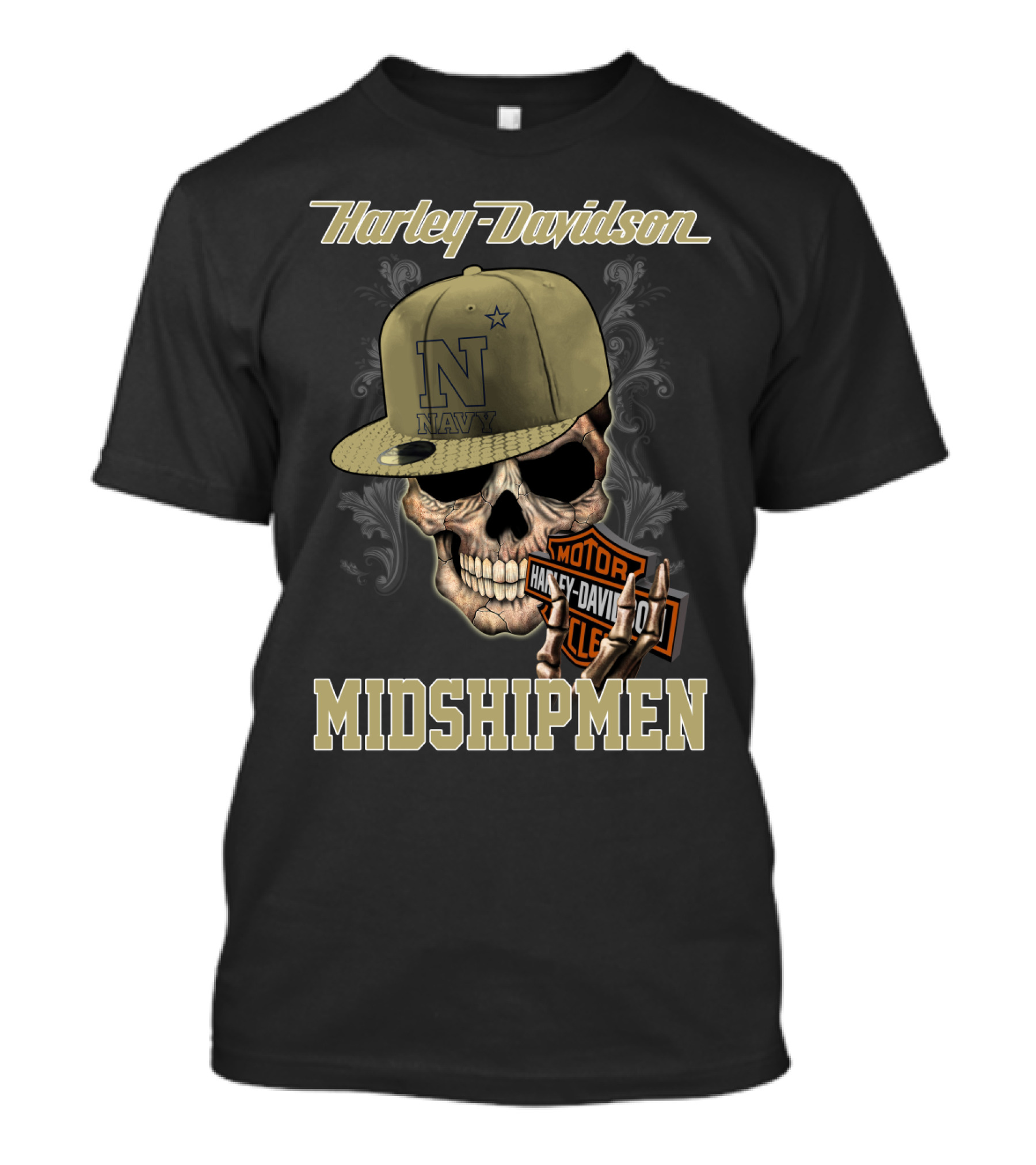 Harley Davidson Navy Midshipmen Skull Hat Motor Cle T-Shirt