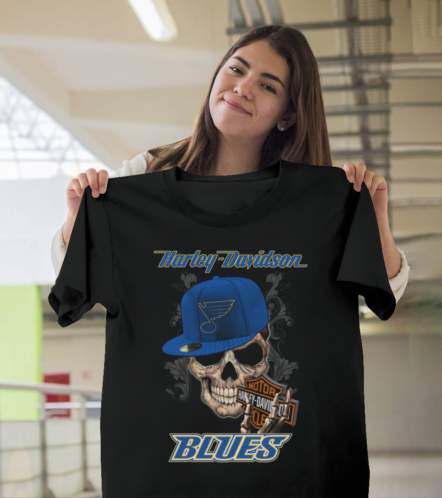 Harley Davidson St Louis Blues Skull Hat Nhl T-Shirt