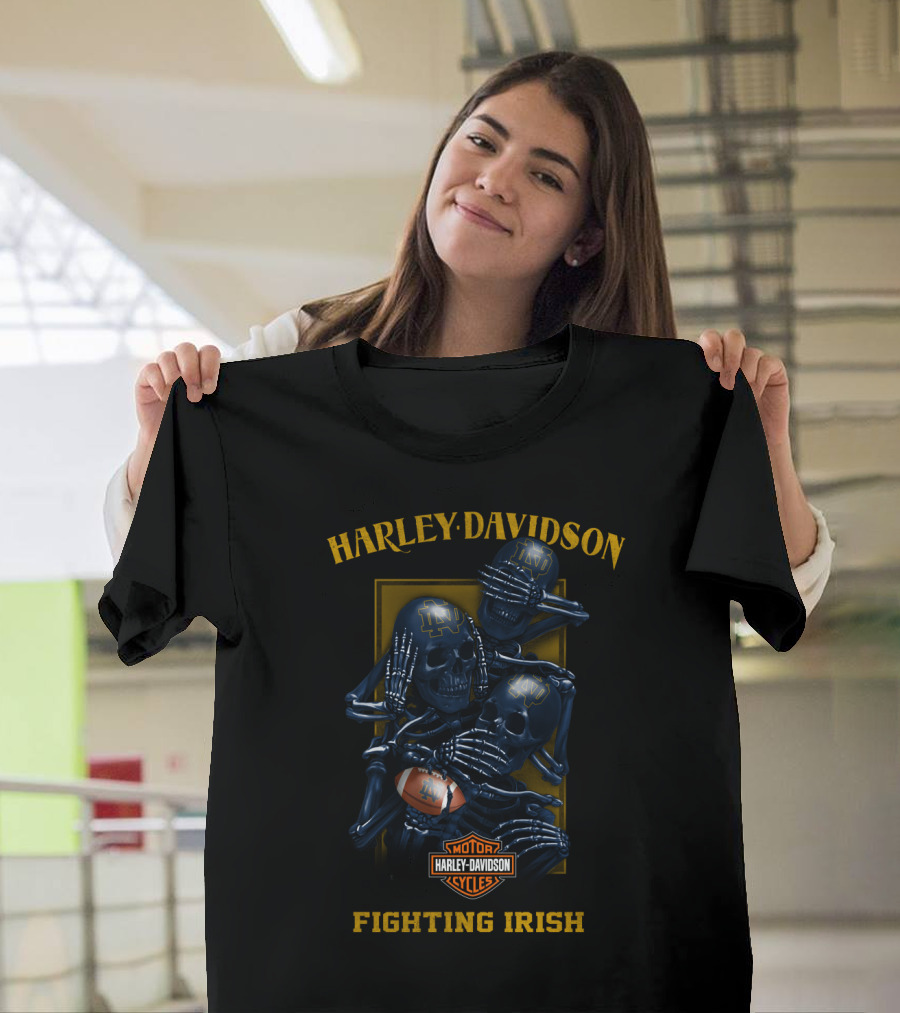 Harley Davidson Notre Dame Fighting Irish Skulls Motor Cycles T-Shirt