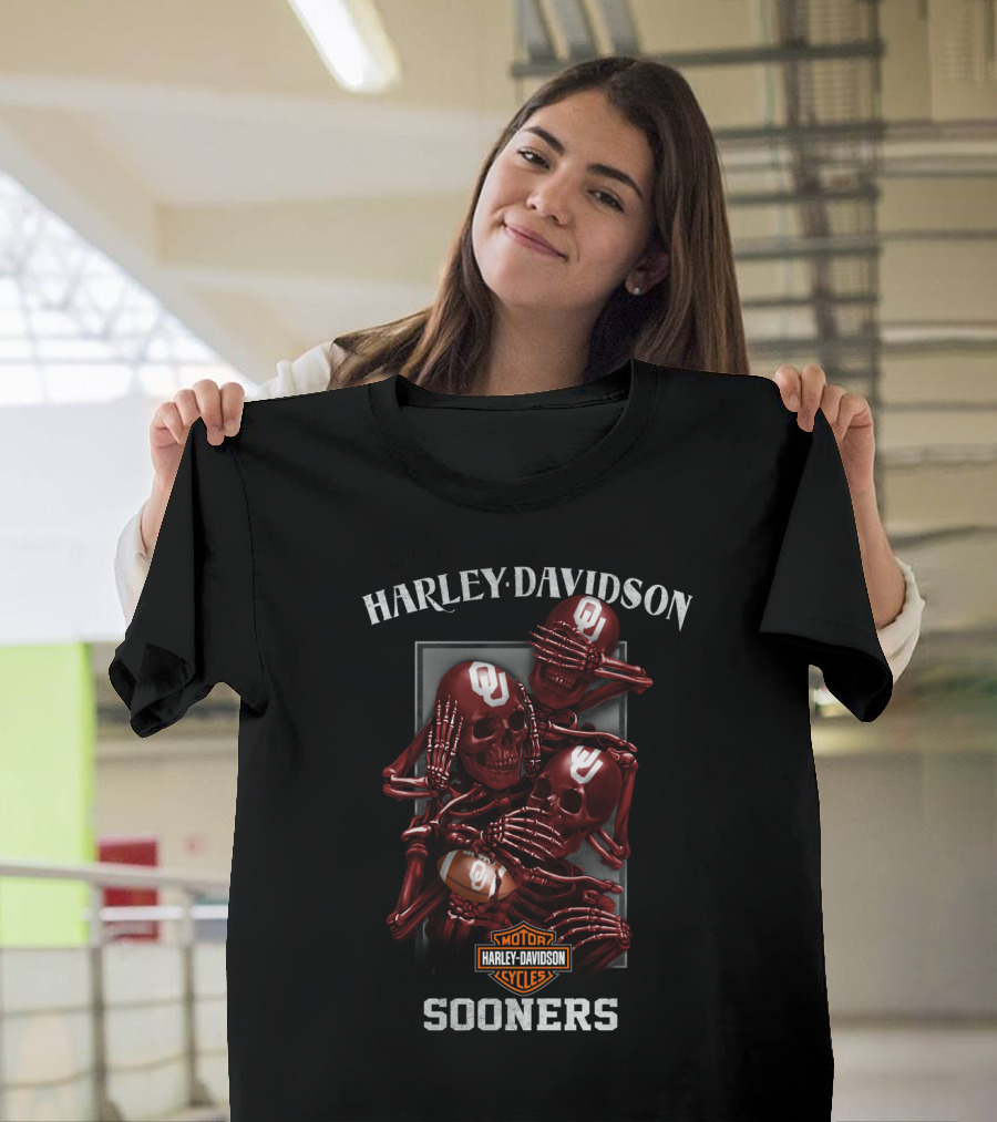 Harley Davidson Ncaa Oklahoma Sooners Motorcycles Football Skulls T-Shirt