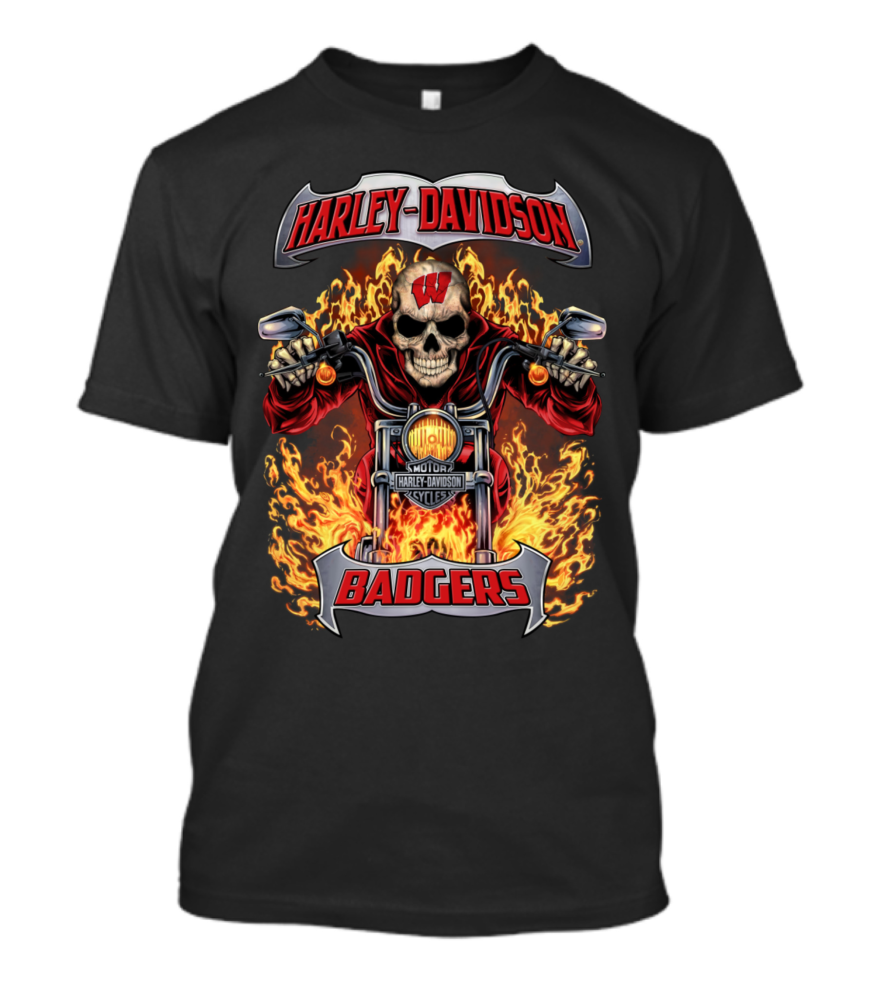 Harley Davidson Wisconsin Badgers Flaming Skull Motorcycle T-Shirt