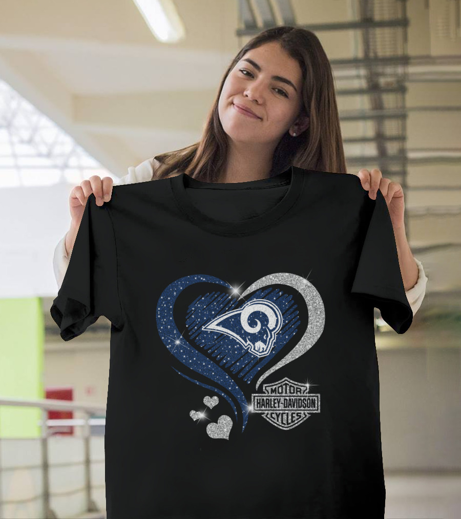 Hd Los Angeles Rams Harley Davidson Sparkle Heart Combination T-Shirt