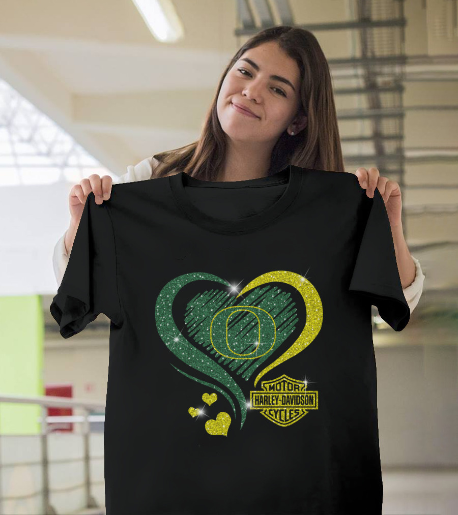 Oregon Ducks Heart Harley Davidson Motorcycles T-Shirt