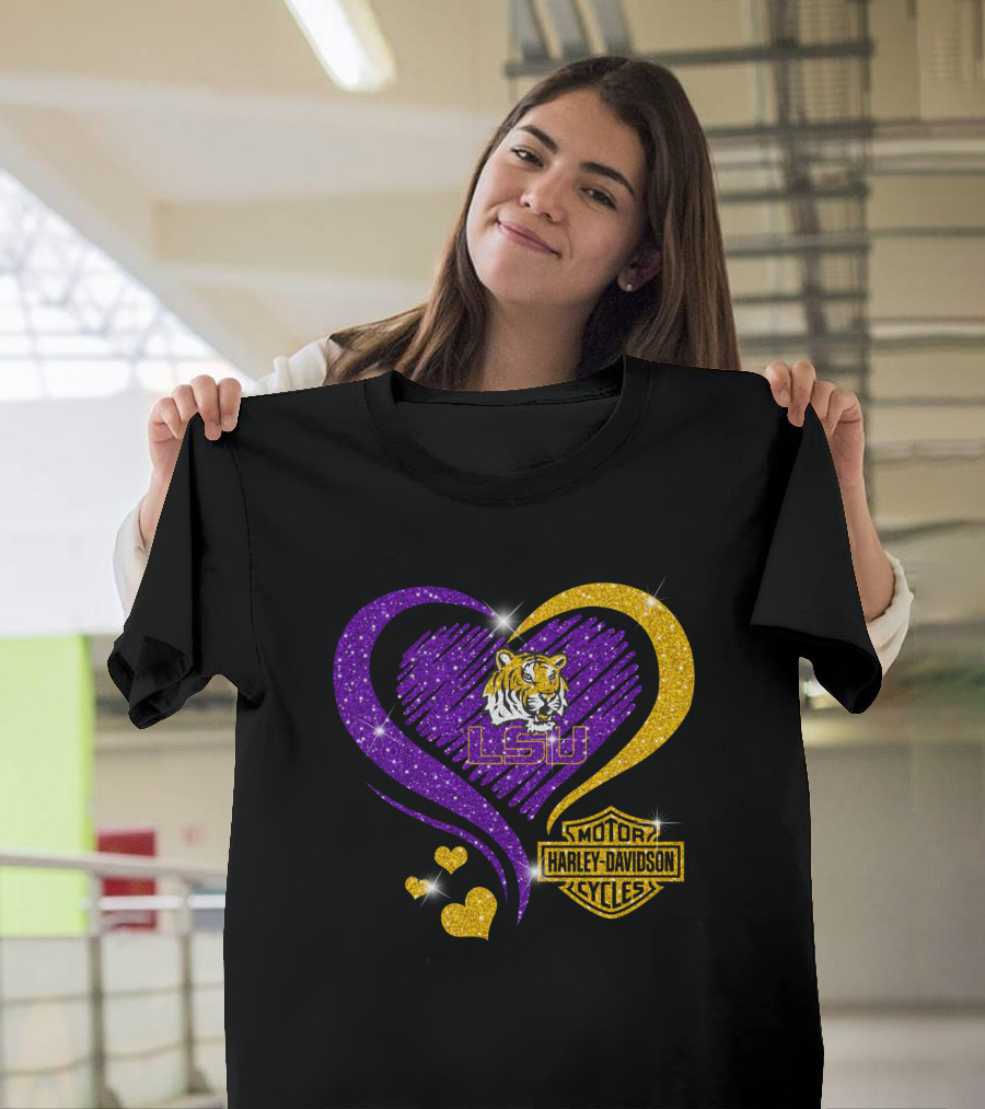 Lsu Tigers Harley Davidson Heart Ncaa Fan Gear T-Shirt