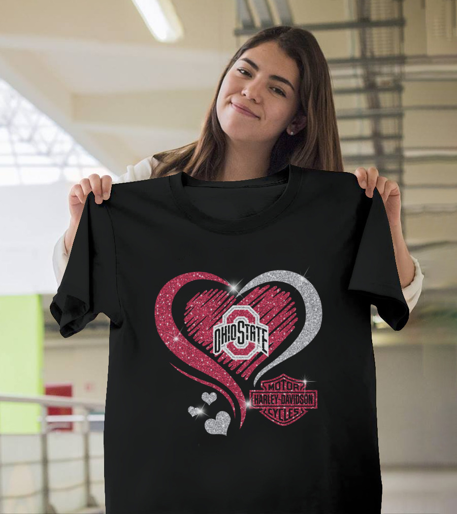 Ohio State Buckeyes Heart With Harley Davidson Motorcycles T-Shirt