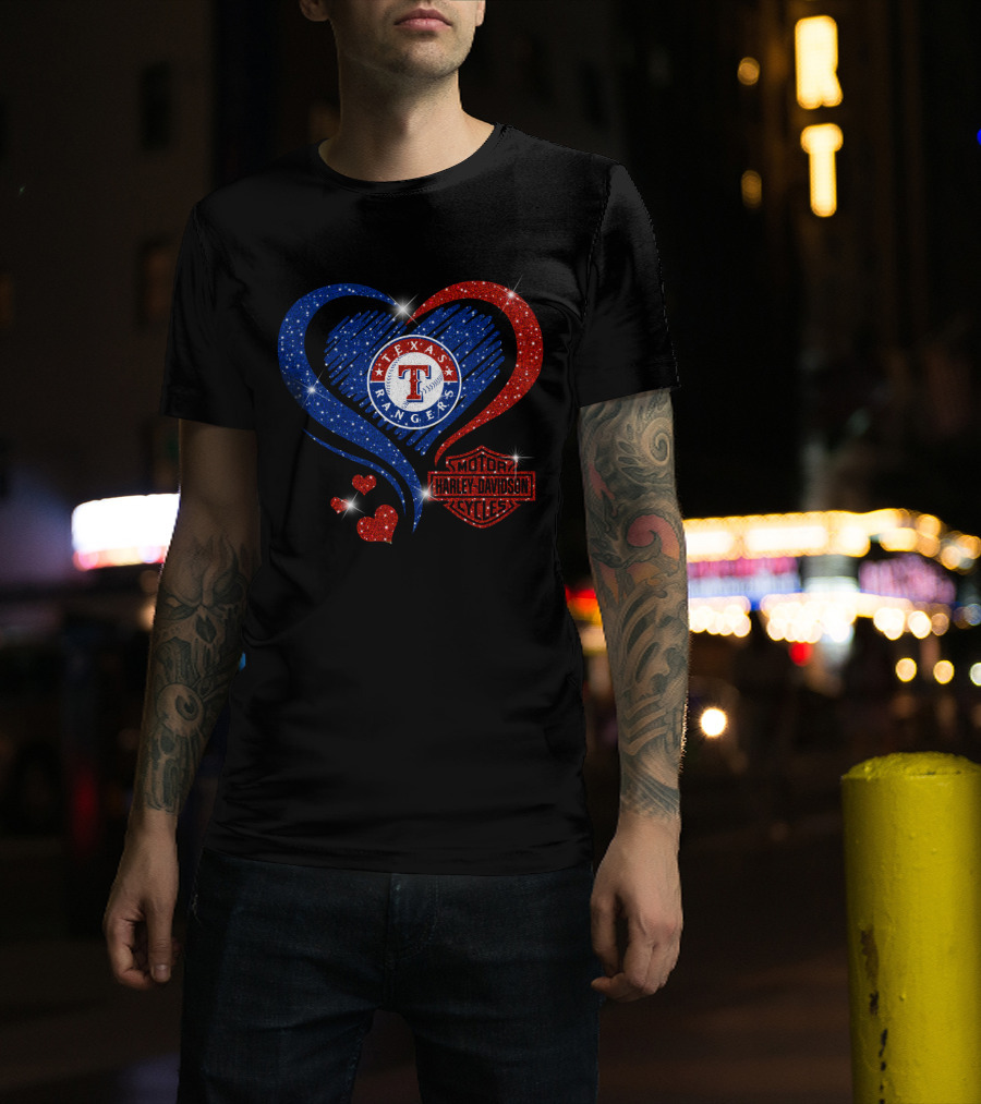 Texas Rangers Harley Davidson Heart Glitter T-Shirt