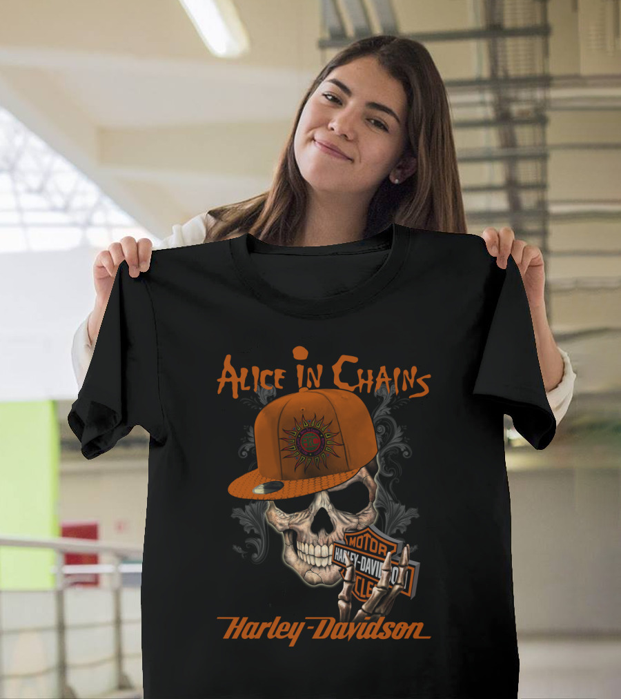 Alice In Chains Harley Davidson Skull With Cap T-Shirt