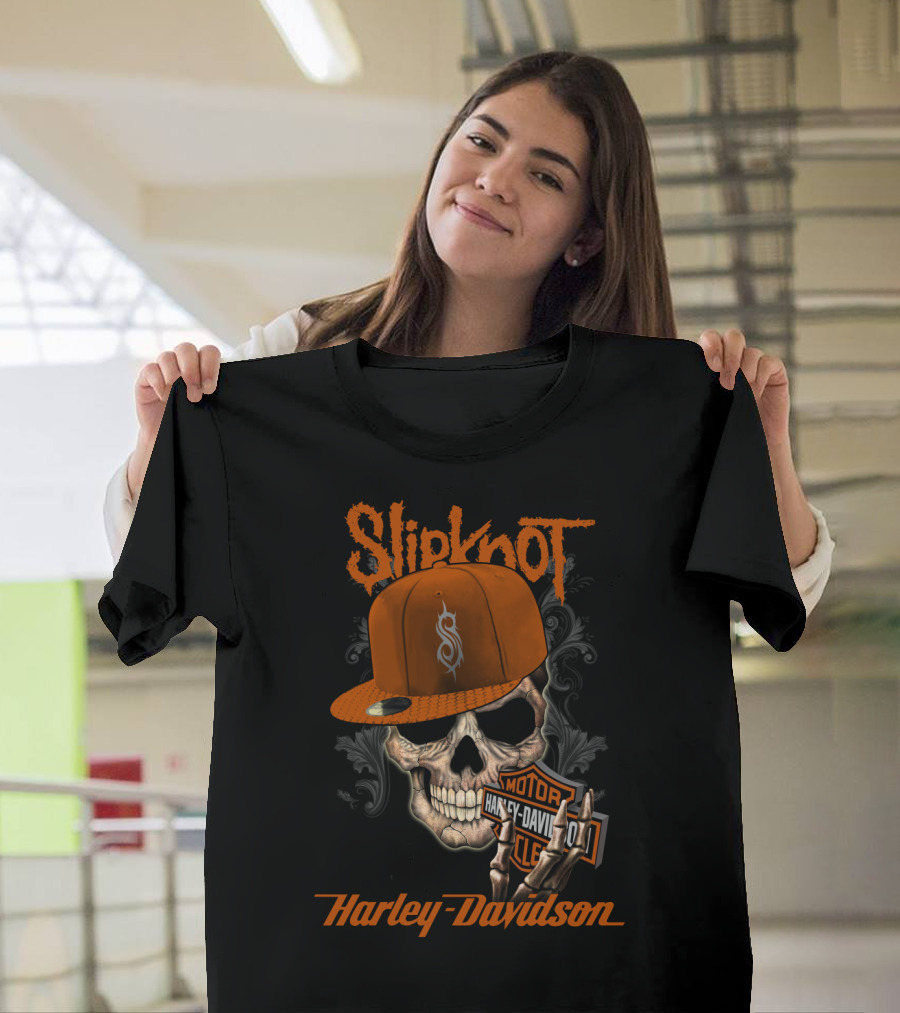 Slipknot Harley Davidson Skull With Orange Cap T-Shirt