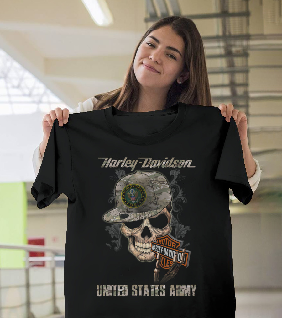 Harley Davidson United States Army Skull With Camo Cap And Motorcycles Badge T-Shirt
