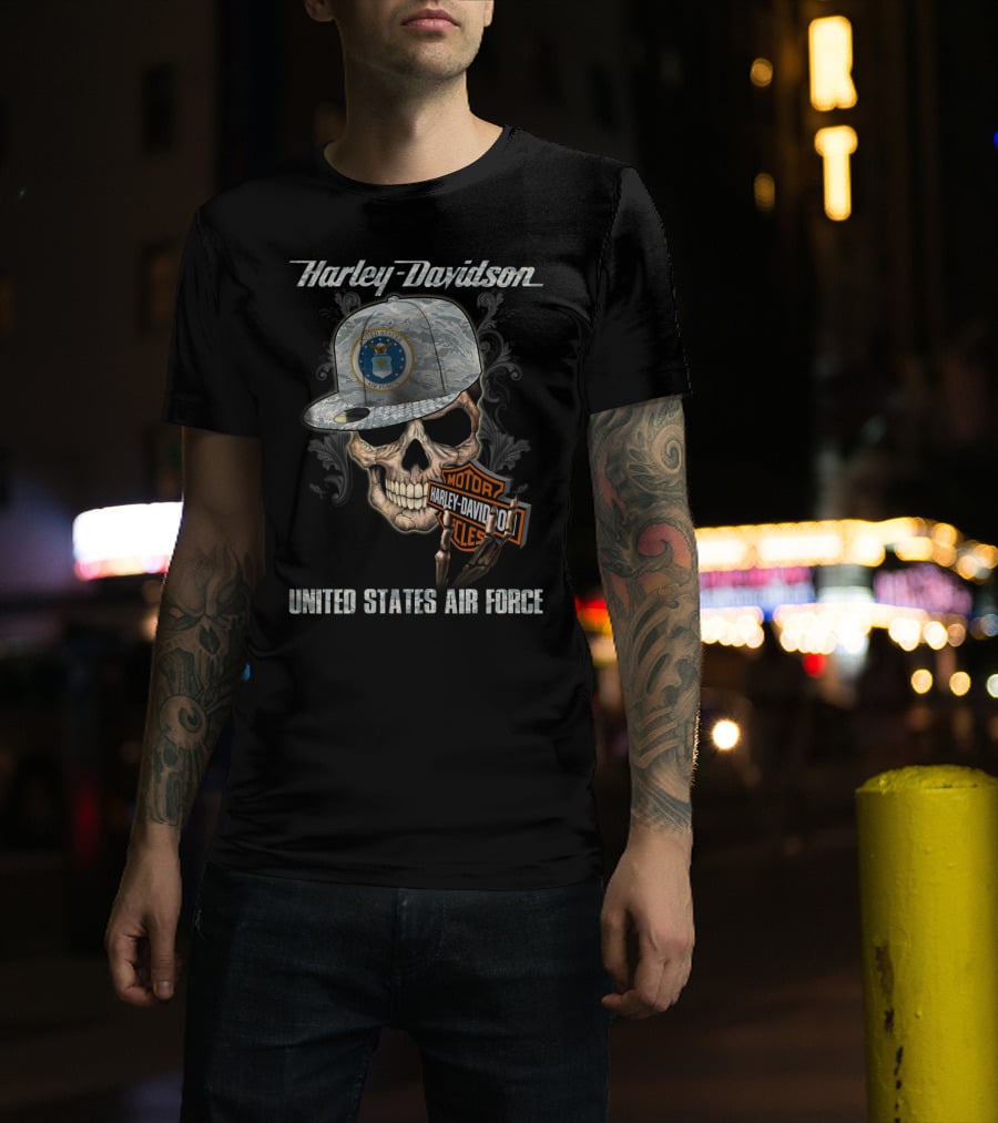 Harley Davidson Skull With United States Air Force Logo And Badge T-Shirt