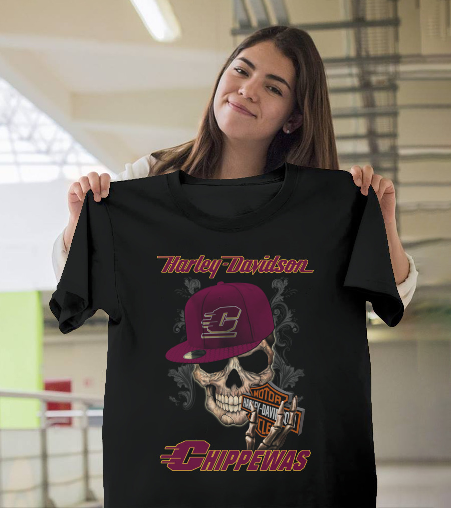 Harley Davidson Central Michigan Chippewas Skull With Cap T-Shirt