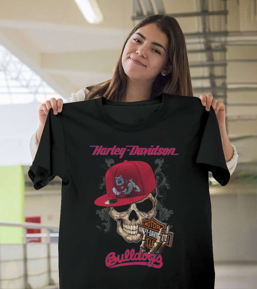 Harley Davidson Fresno State Bulldogs Skull With Cap T-Shirt