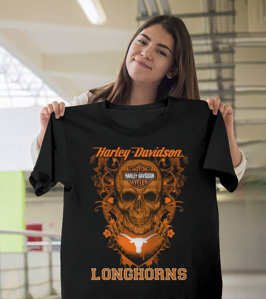 Harley Davidson Motor Cycles Skull Texas Longhorns T-Shirt