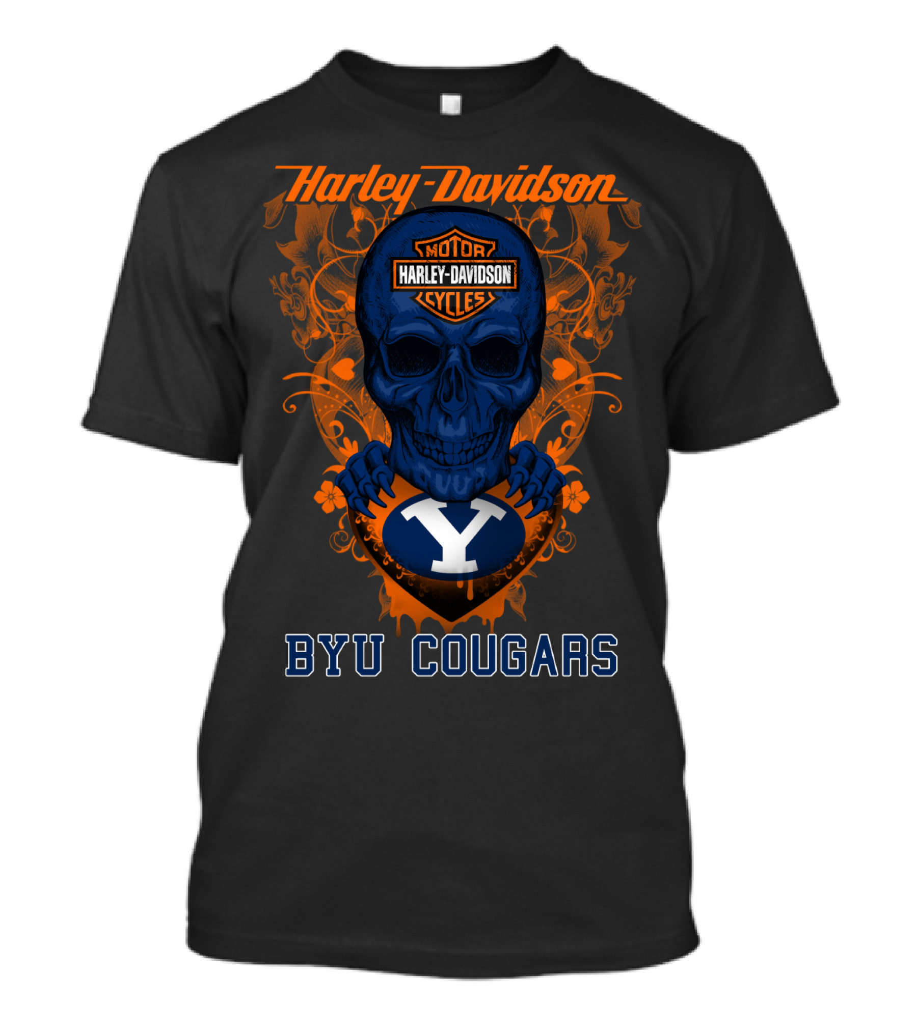 Harley Davidson Blue Skull With Byu Cougars T-Shirt