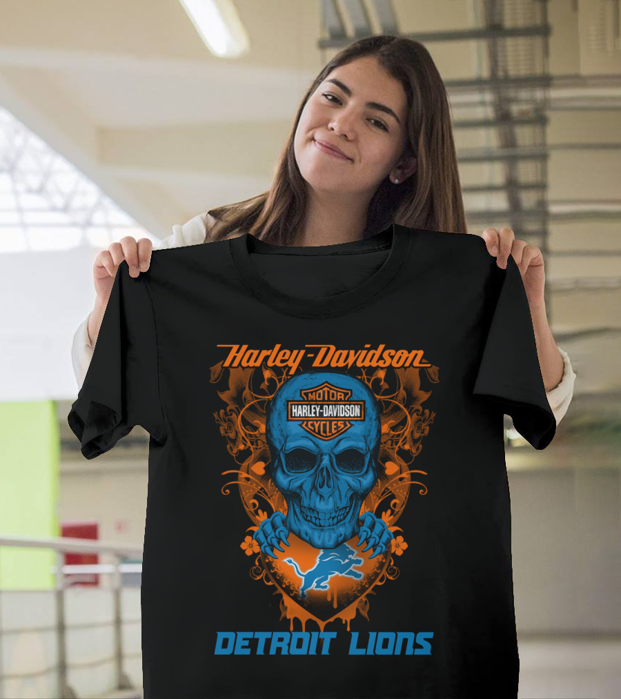 Harley Davidson Motor Detroit Lions Skull T-Shirt
