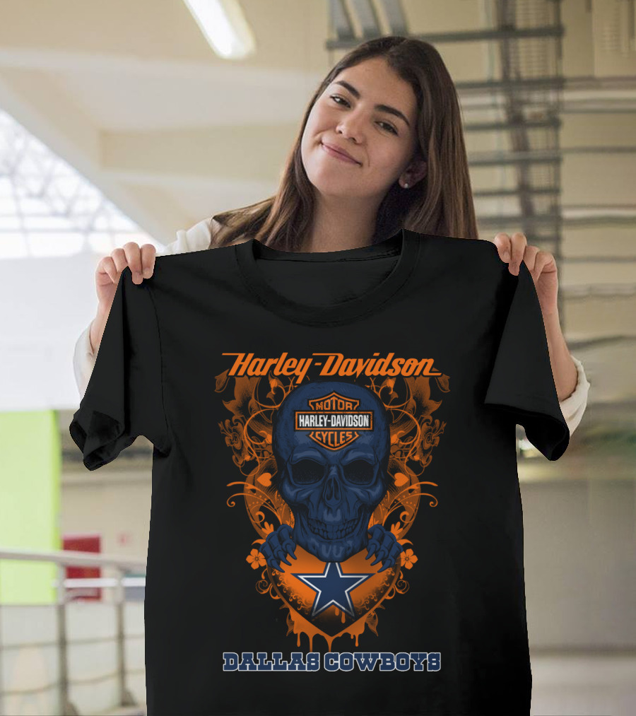 Harley Davidson Skull And Dallas Cowboys Blue Star T-Shirt