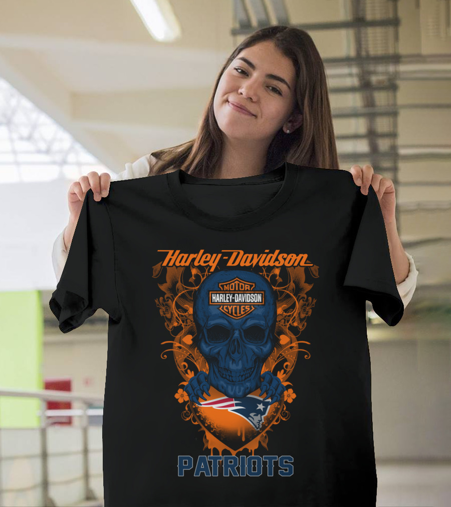 Harley Davidson Motorcycles Skull New England Patriots T-Shirt