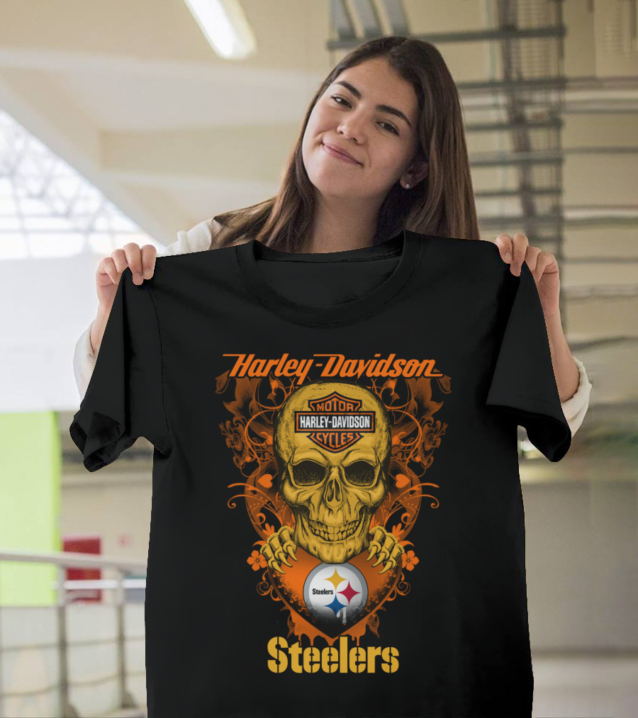 Harley Davidson Motorcycles Skull With Pittsburgh Steelers T-Shirt