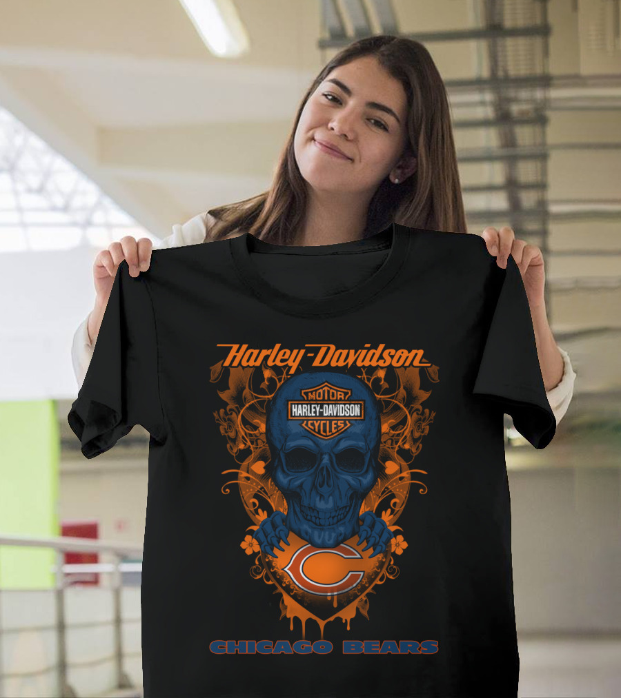Harley Davidson Motor Cycles Skull Chicago Bears T-Shirt