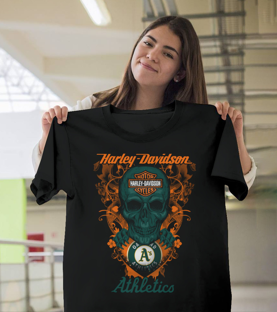 Harley Davidson Motor Cycles Skull Oakland Athletics T-Shirt