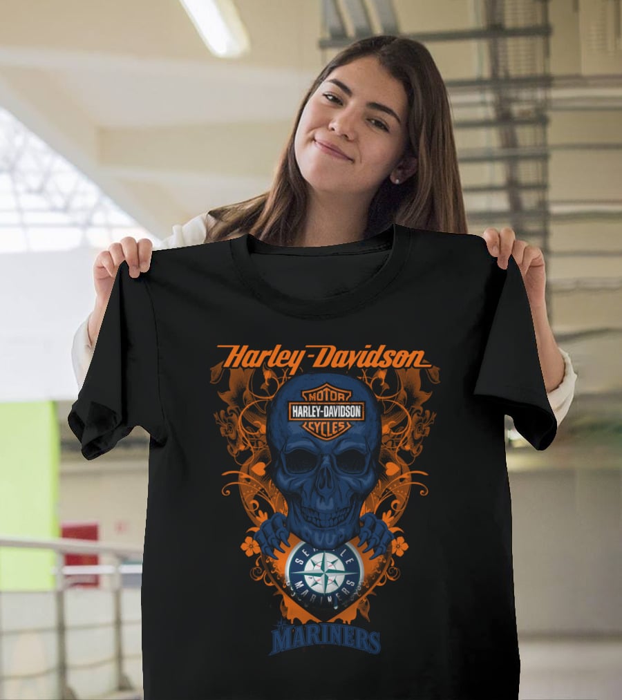 Harley Davidson Motor Cycles Seattle Mariners Skull T-Shirt