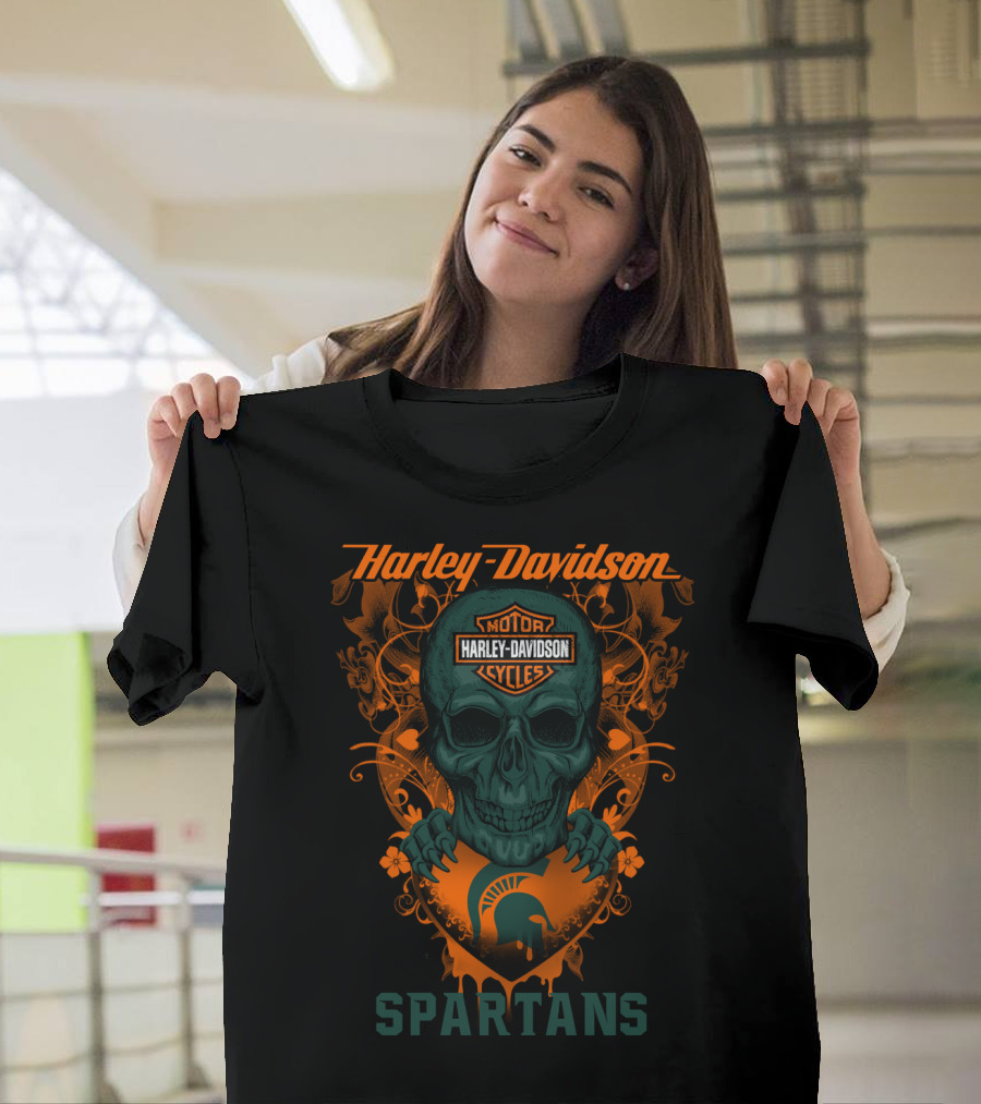 Harley Davidson Motor Cycles Skull Michigan State Spartans T-Shirt