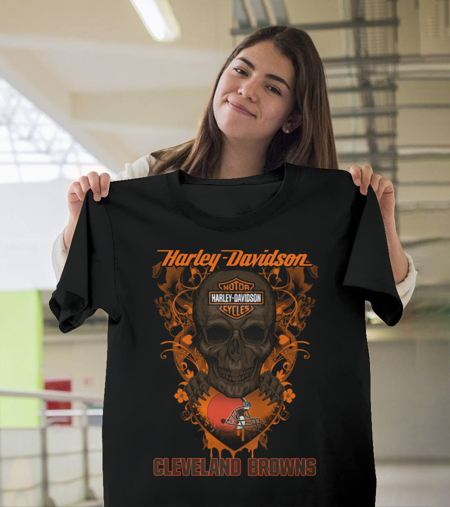 Harley Davidson Motorcycles Skull Cleveland Browns T-Shirt