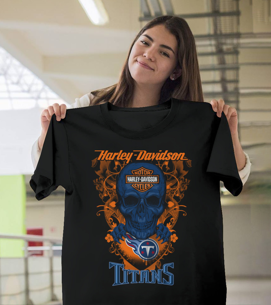 Harley Davidson Motor Cycles Skull With Tennessee Titans T-Shirt