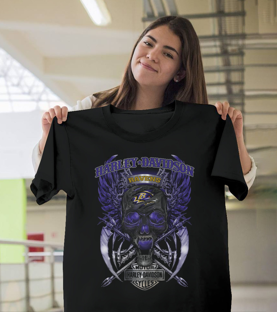 Harley Davidson Motor Cycles Ravens Baltimore L B Logo Skull And Wings T-Shirt