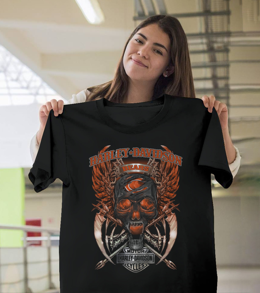 Harley Davidson Bears Skull Wings Graphic Chicago Bears T-Shirt