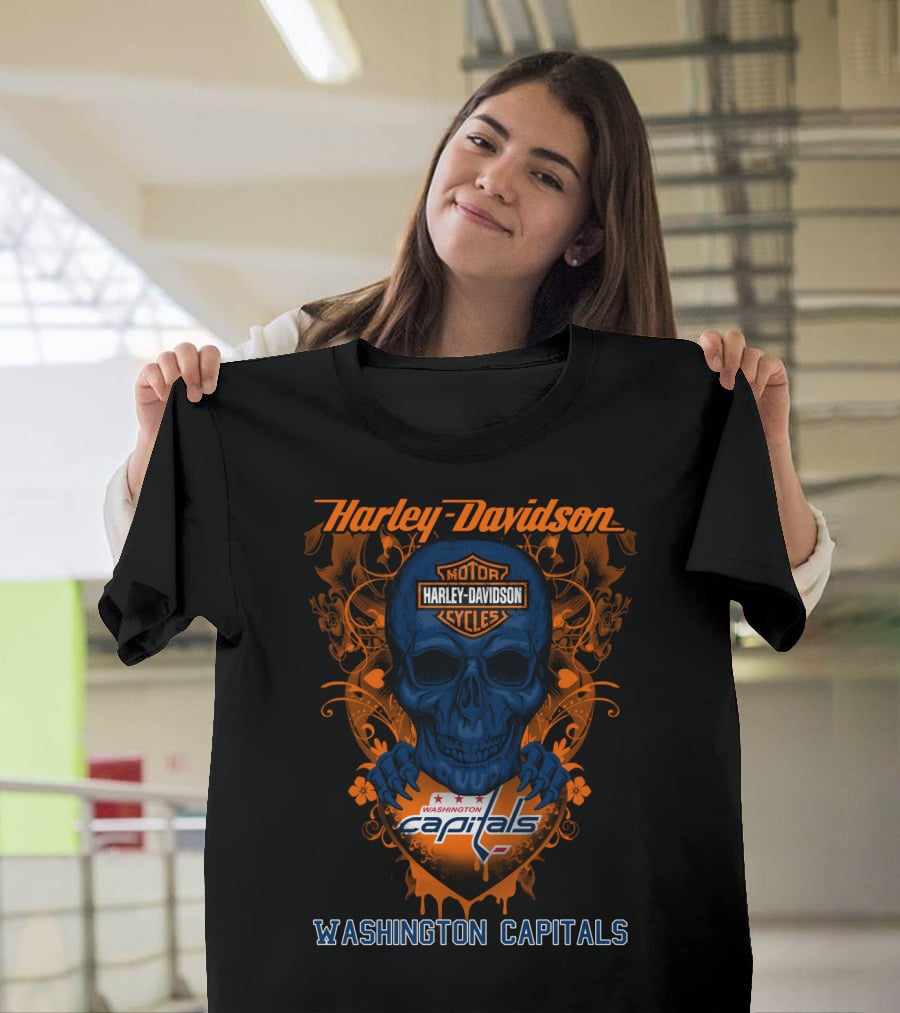 Harley Davidson Washington Capitals Motorcycles Blue Skull T-Shirt