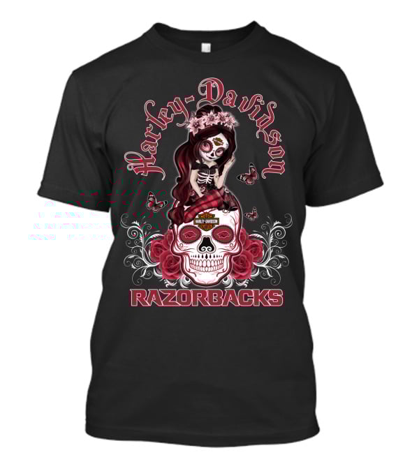 Harley Davidson Razorbacks Arkansas Girl Skull Roses Butterflies T-Shirt