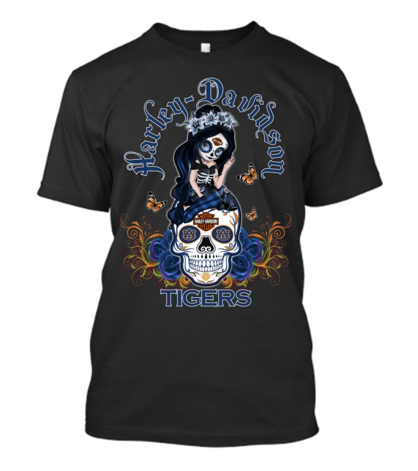 Harley Davidson Auburn Tigers Skull With Butterfly And Floral Accents T-Shirt