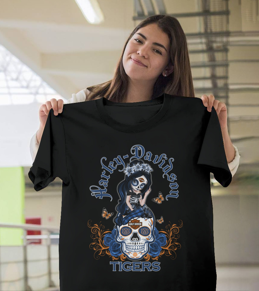 Harley Davidson Auburn Tigers Skull With Butterfly And Floral Accents T-Shirt