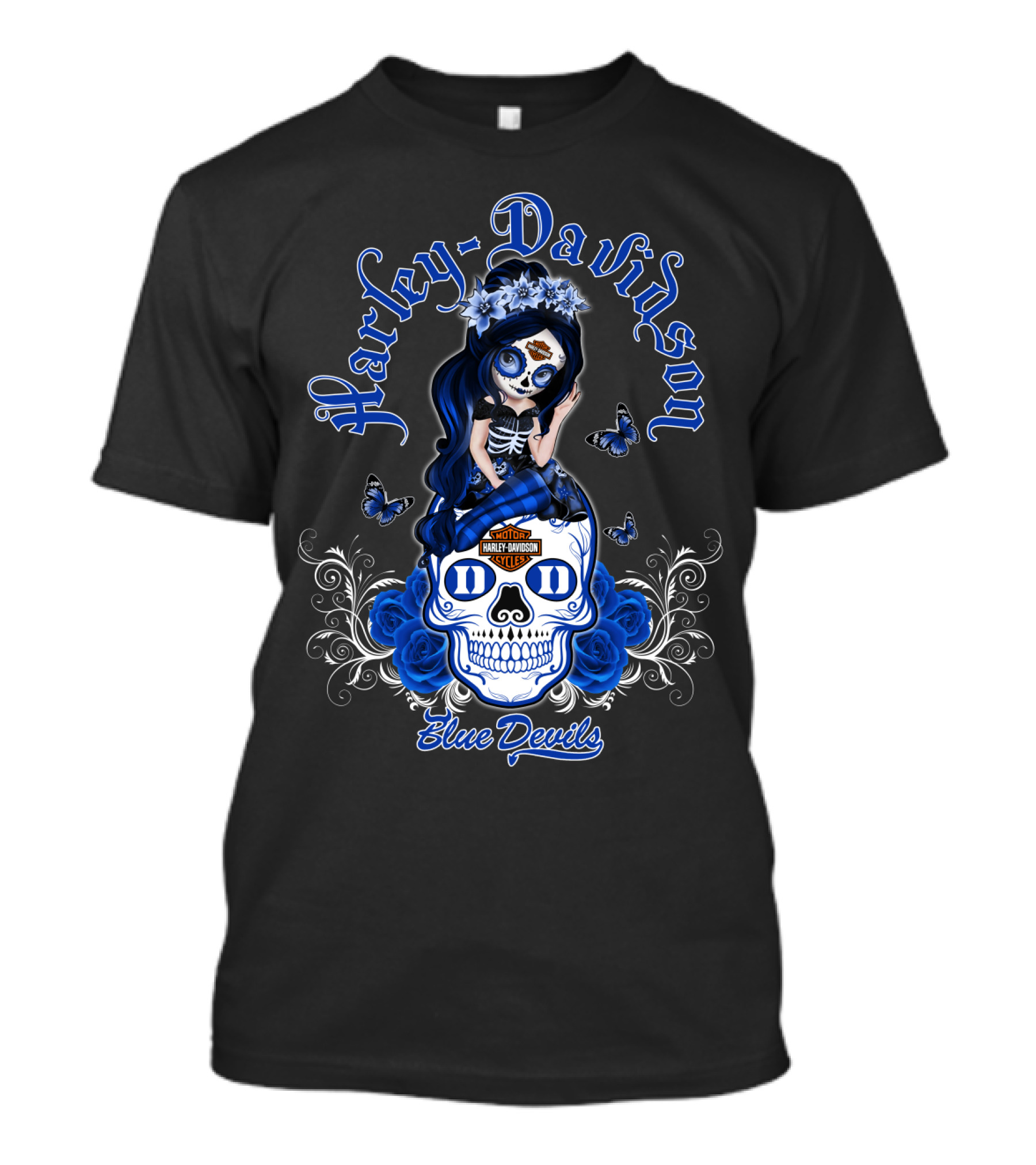 Harley Davidson Blue Devils Skull Art With Butterflies And Roses T-Shirt
