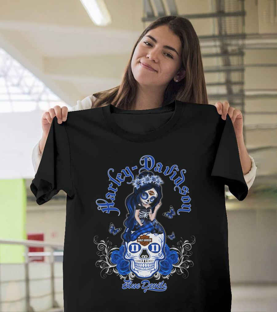 Harley Davidson Blue Devils Skull Art With Butterflies And Roses T-Shirt