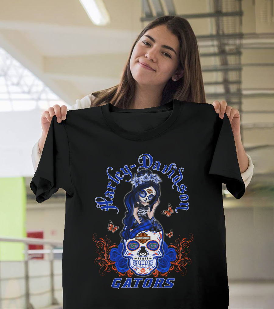 Harley Davidson Florida Gators Skull With Blue Roses And Butterflies T-Shirt