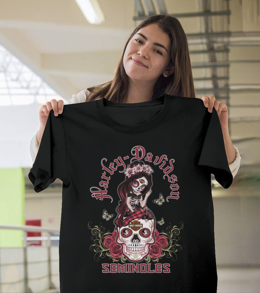 Harley Davidson Seminoles Skull Girl With Roses And Butterflies T-Shirt