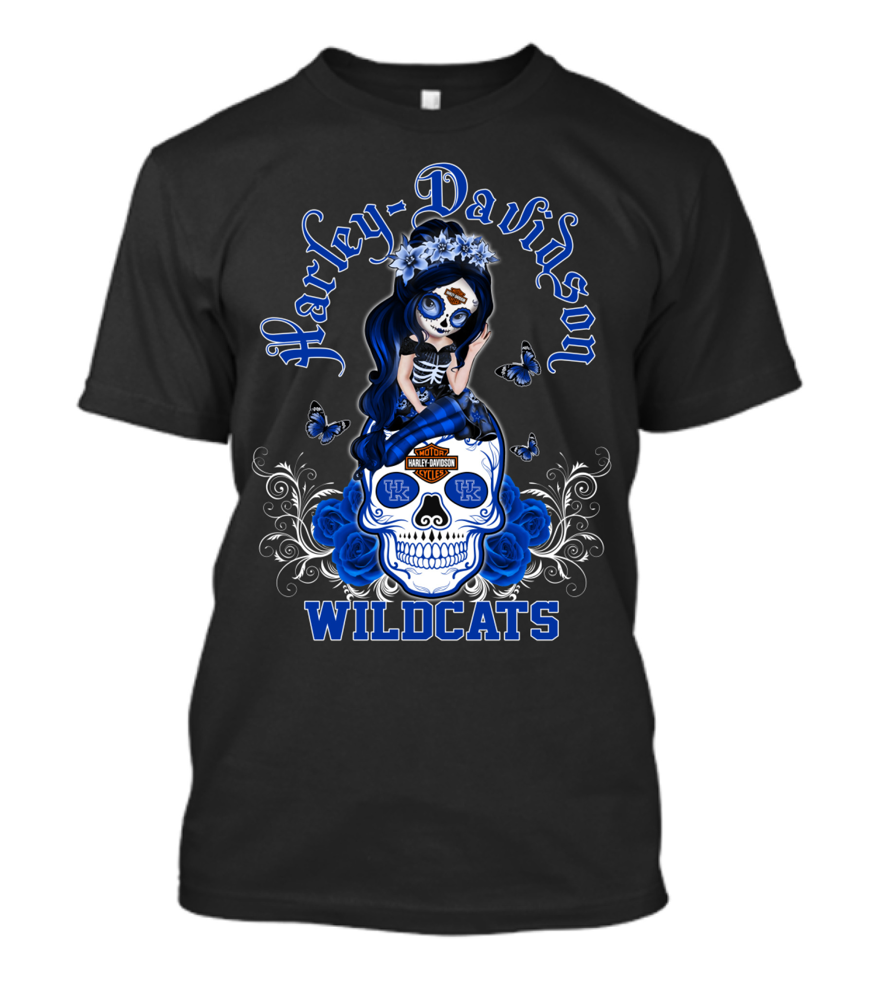 Harley Davidson Kentucky Wildcats Skull Girl With Blue Roses And Butterflies T-Shirt