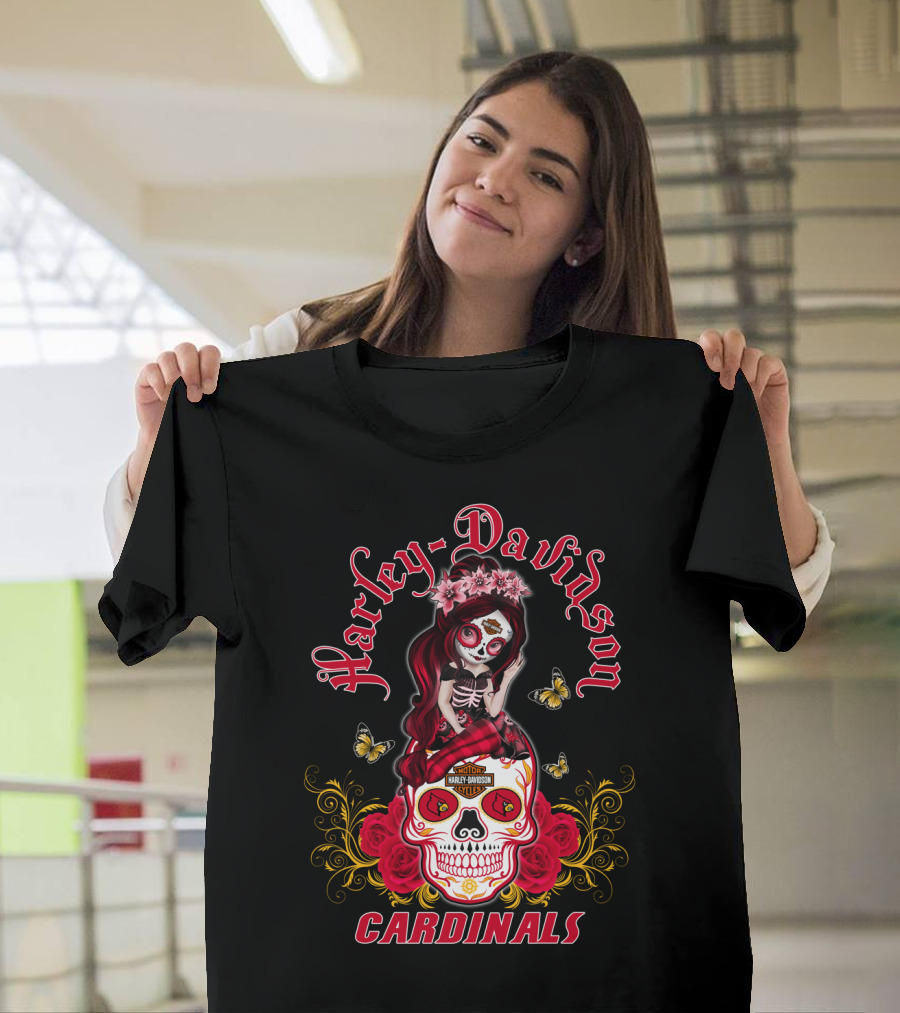 Harley Davidson Girl Louisville Cardinals Skull Rose Butterflies T-Shirt