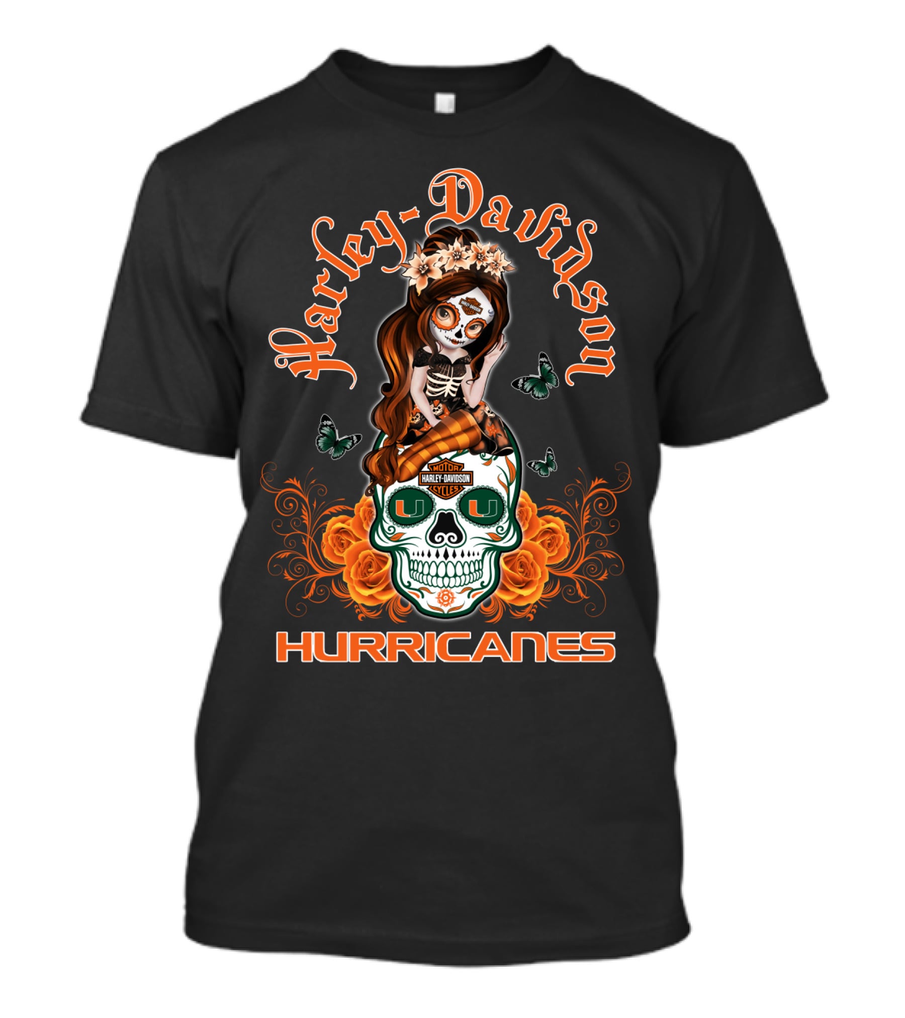 Harley Davidson Miami Hurricanes Butterfly Skull Roses T-Shirt