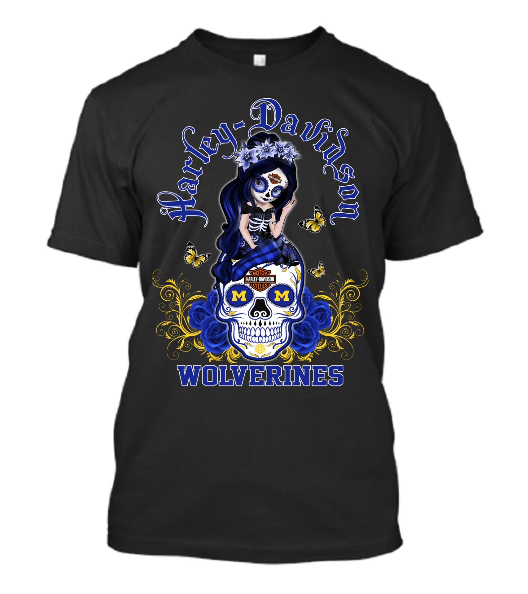 Harley Davidson Michigan Wolverines Skull Girl With Butterflies And Blue Roses T-Shirt