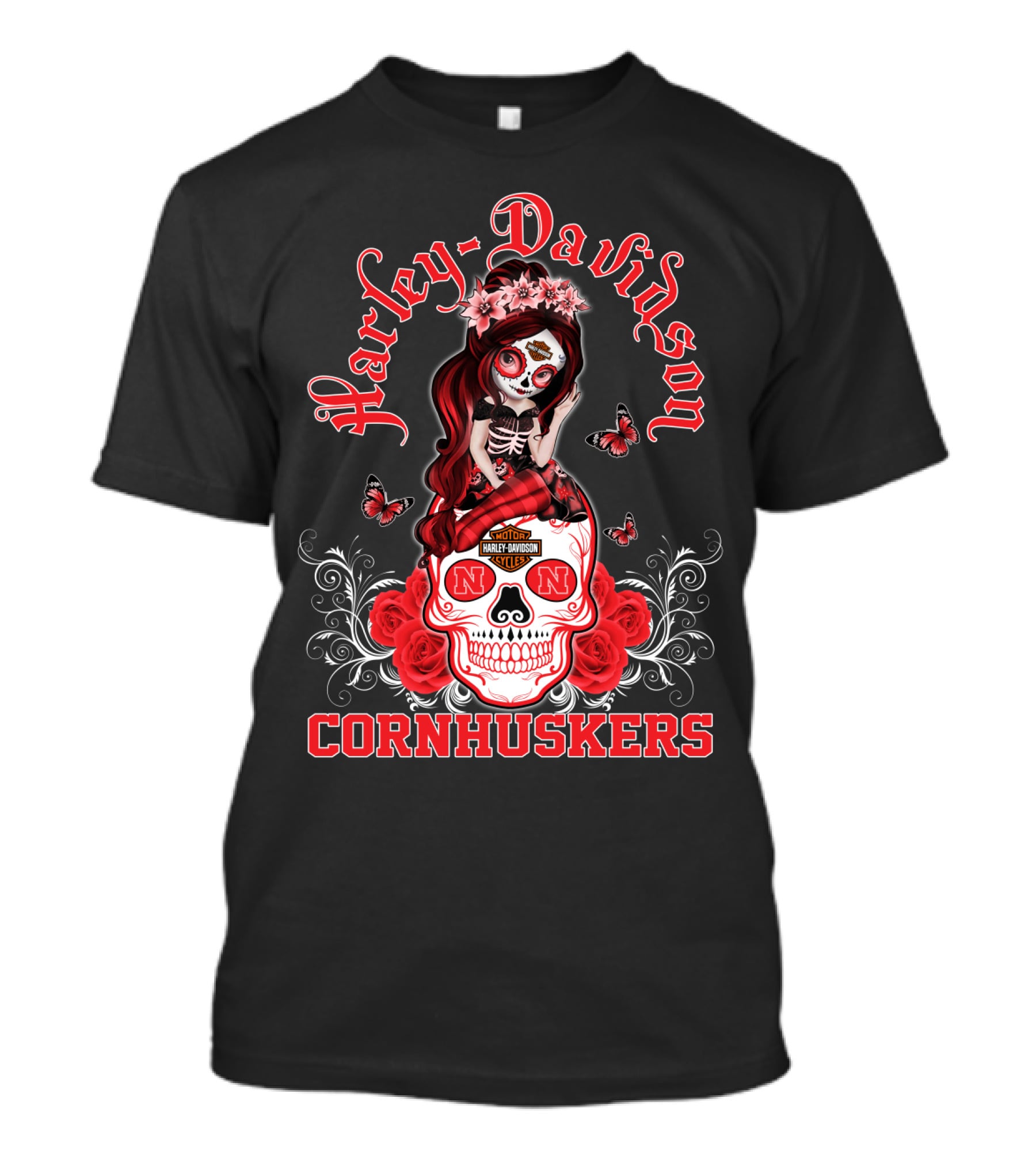 Harley Davidson Nebraska Cornhuskers Skull Roses Girl T-Shirt