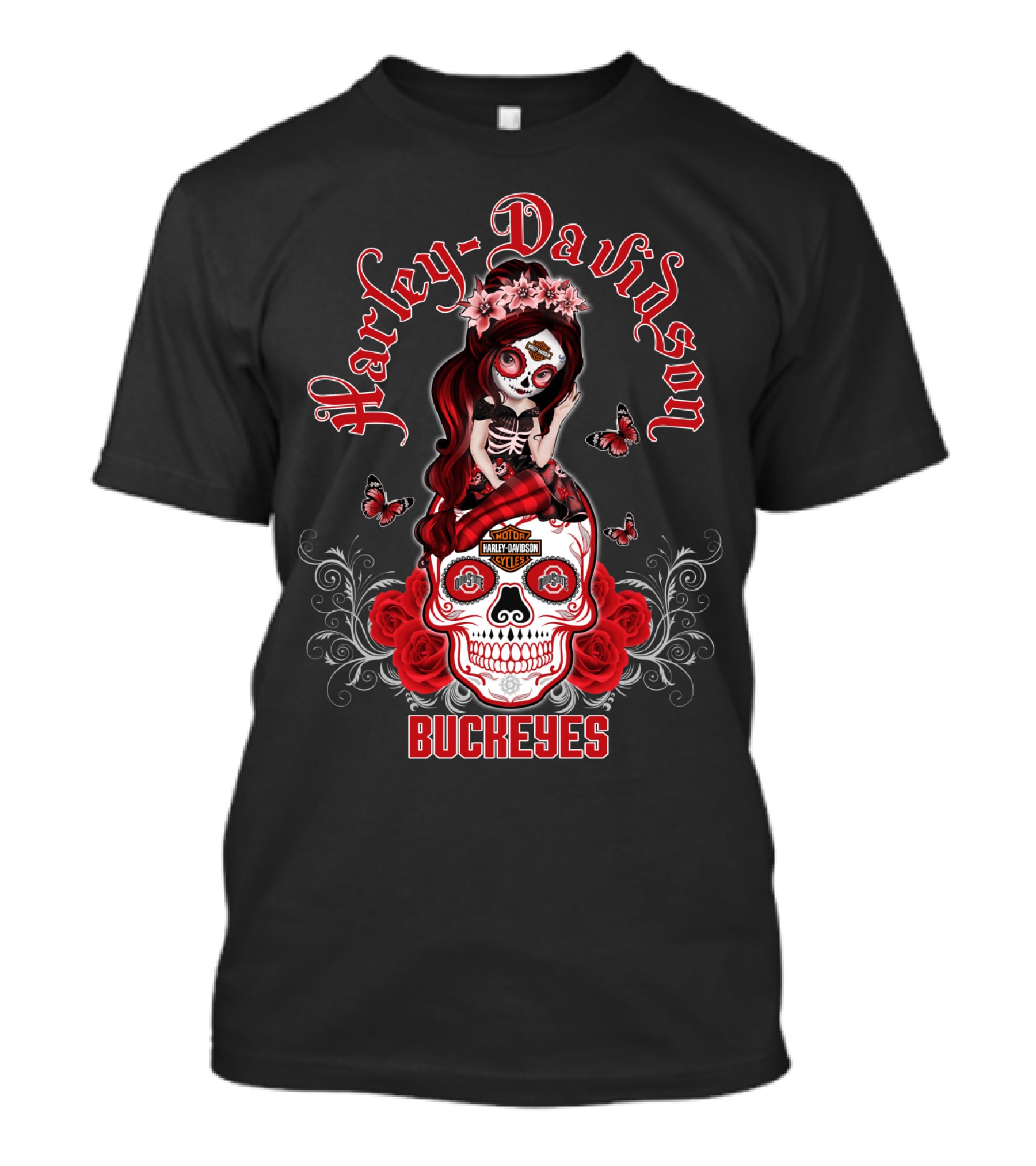 Harley Davidson Buckeyes Ohio State Skull Design Girl With Roses And Butterflies T-Shirt