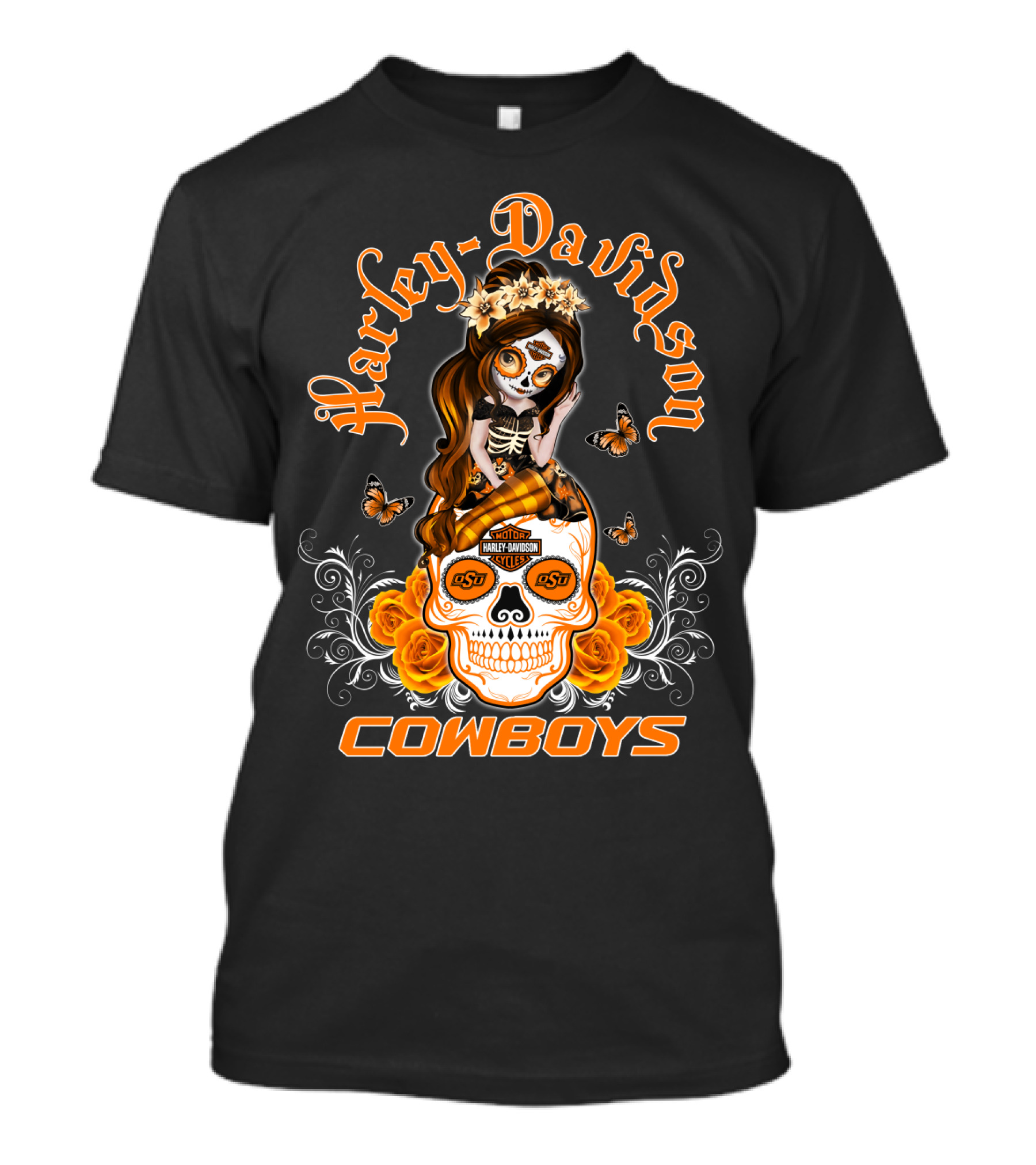 Harley Davidson Osu Cowboys Sugar Skull Roses Butterfly T-Shirt