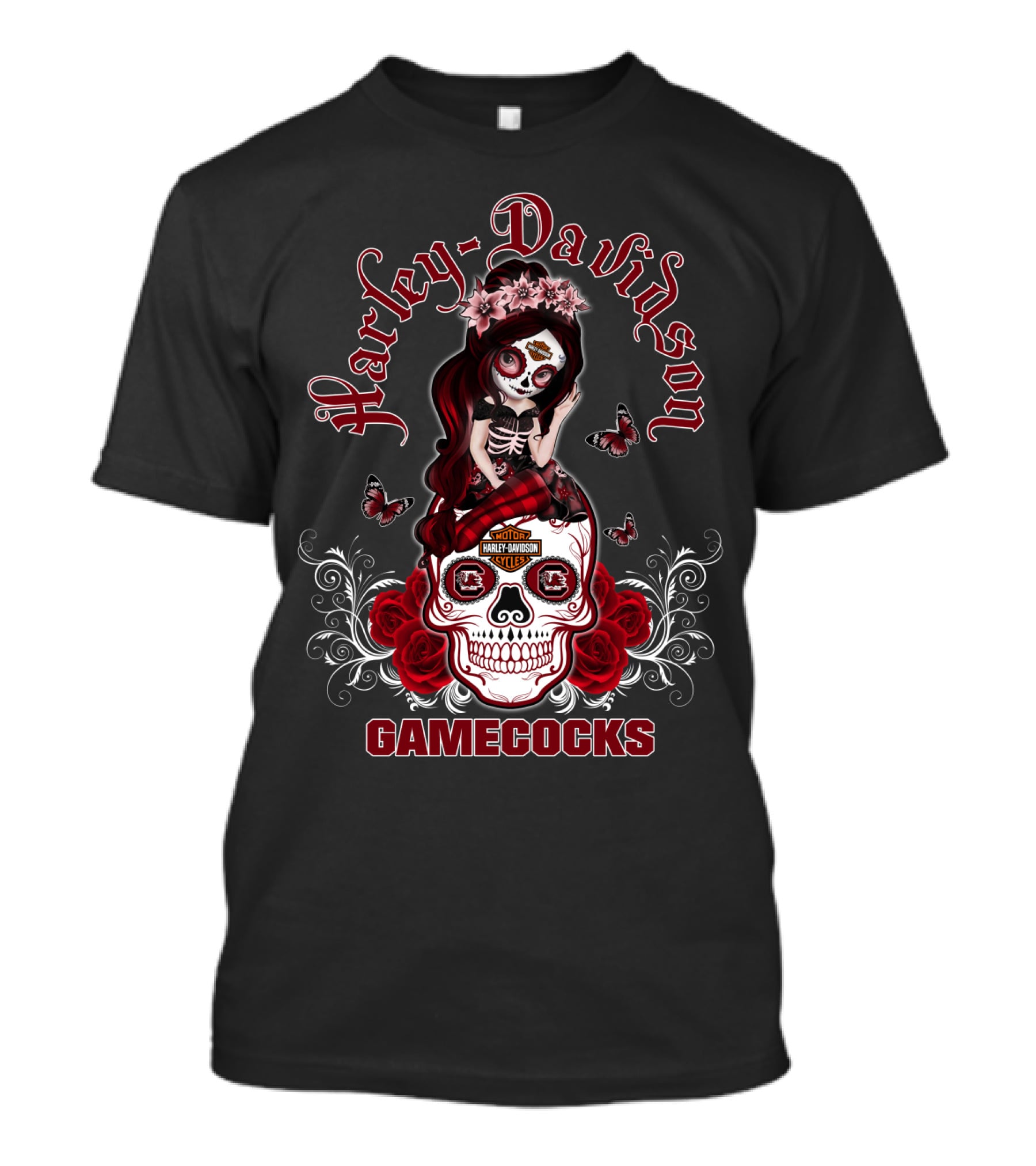 Harley Davidson Gamecocks Skull With Roses And Butterflies T-Shirt